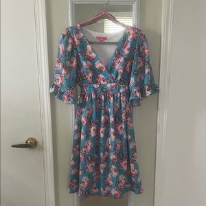 Betsey Johnson Turquoise Floral Midi Dress with Pink Roses